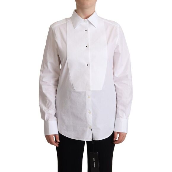 Dolce & Gabbana White Cotton Dress Collared Long Sleeves Shirt Women's Top